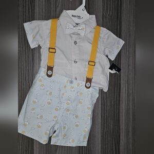 New Happy Fella 6/9m Baby Boys Outfit Shorts Shirt Suspender Bowtie Set